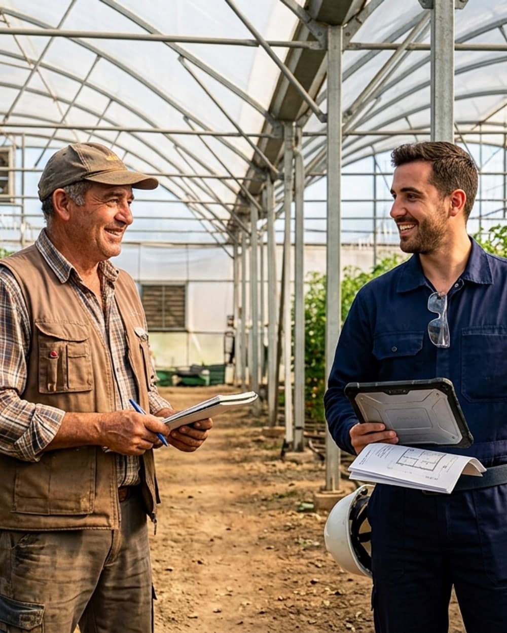 Un agricultor y un técnico de Agronomic conversando dentro de un invernadero con cultivo de tomate